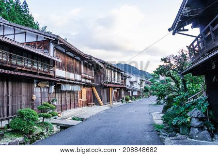 Kiso valley is the old town or Japanese traditional wooden buildings for the travelers walking at historic old street in Narai-juku Nagano Prefecture JAPAN.