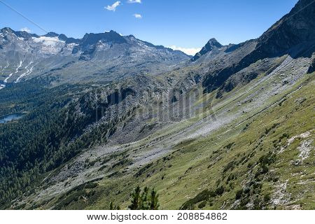 On the graukogel, Gastein mountains, Austria, Europe. Futuristic looking viewpoint and iron bridge for visitors and hikers.