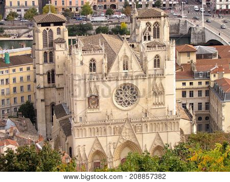 Aerial view of Roman Catholic Cathedral of Saint-Jean in Lyon France