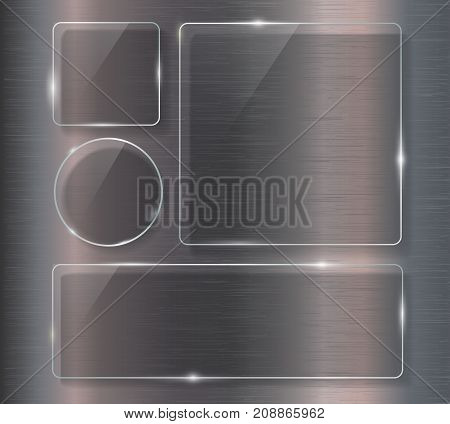 Glass banner set on steel metallic background. Vector illustration.
