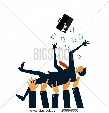 Successful businessman being thowing up by his teamwork or colleague Feeling and emotion concept in success and team work