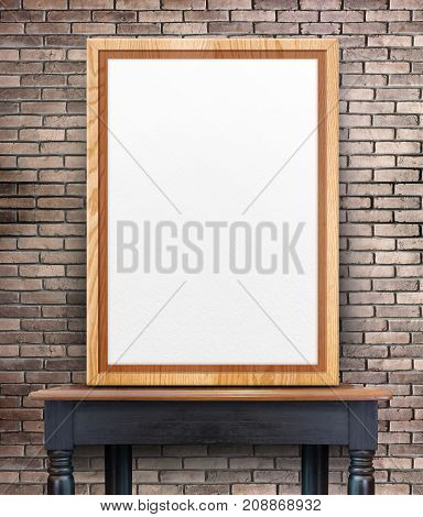 Blank Wooden Photo Frame Leaning At Grunge Brick Wall On Vintage Wood Table,template Mock Up For Add
