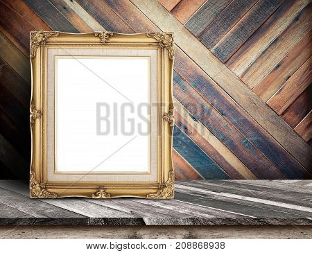 Gold Victorian Picture Frame On Plank Wooden Table Top At Tropical Diagonal Wood Wall,template Mock