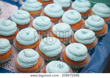 Closeup Of Blue Cupcakes. Selective Focus. Sweet Dessert Tasty Food Concept Muffin Baby Shower Treat
