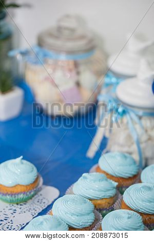 Closeup Of Blue Cupcakes. Selective Focus. Sweet Dessert Tasty Food Concept Muffin Baby Shower Treat