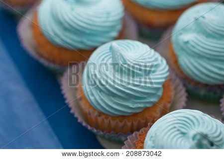 Closeup Of Blue Cupcakes. Selective Focus. Sweet Dessert Tasty Food Concept Muffin Baby Shower Treat