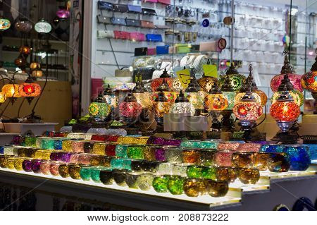 Amazing Traditional Handmade Turkish Lamps In Souvenir Shop.