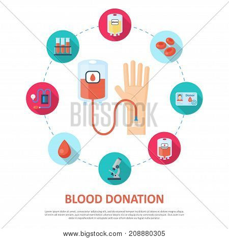 Blood donation template. Voluntarily drawn, used for transfusions, plasma or platelet product. Vector flat style cartoon illustration isolated on white background