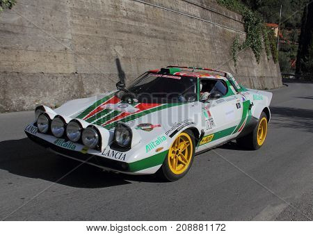 Chiavari Italy - October 10 2017: Chiavari-Leivi speed racing race. Lancia Stratos piloted by Mauro Borra of the sports car Sport Favale.