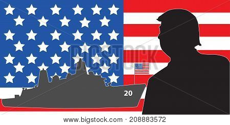 June, 2017: President of the United States Donald Trump ,USS Battleship vector