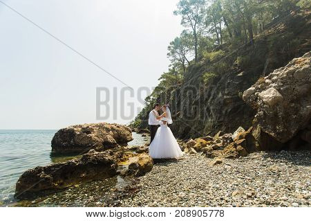 Just married couple embraced on nature. Bride and groom.