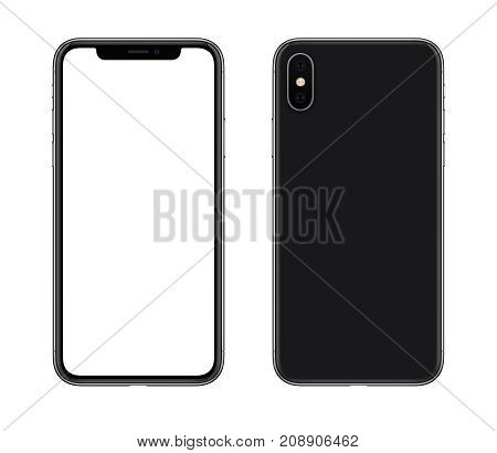 Smartphone mockup similar to iPhone X front and back side. New modern black frameless smartphone mockup with blank white screen and back side with camera. Isolated on white background.