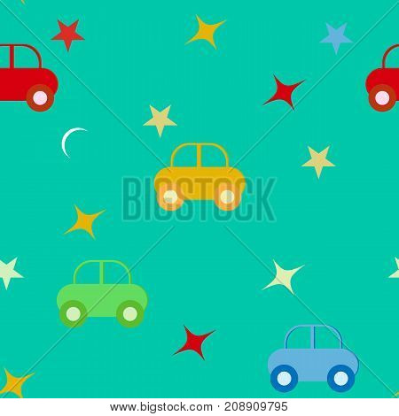 Seamless baby pattern with cars on blue background.