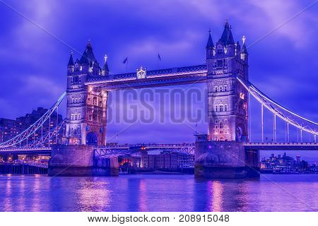 London, the United Kingdom: Tower Bridge on River Thames at night