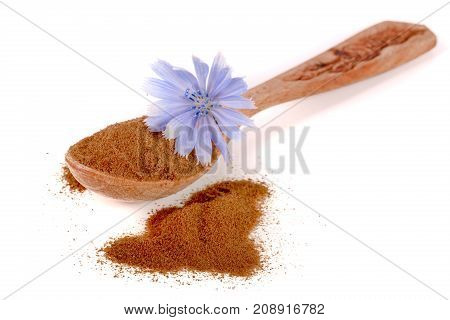 chicory powder in spoon with a flower isolated on white background.