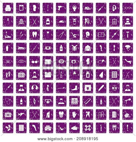 100 medical care icons set in grunge style purple color isolated on white background vector illustration