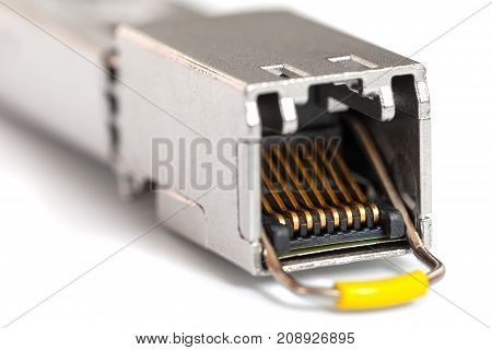 Internet SFP (Small Form-factor Pluggable) network modules for network switch close up. Isolated.