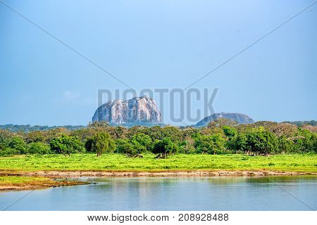 Scenic view with inselberg or monadnock known as Elephant in Yala National Park, Sri Lanka