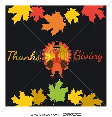 Happy Thanksgiving. Greeting card with funny cartoon turkey and autumnal background. Vector illustration