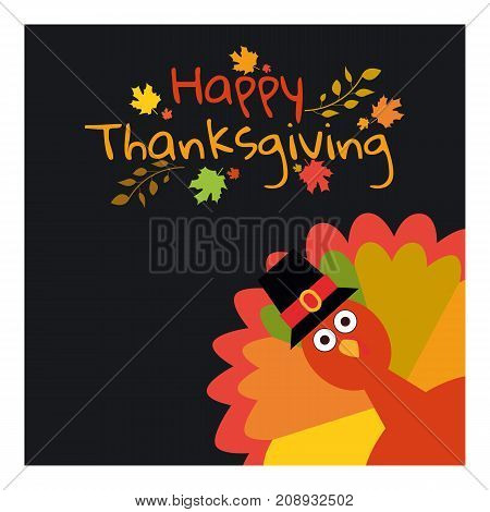 Happy Thanksgiving. Greeting card with funny cartoon turkey autumnal background. Vector illustration