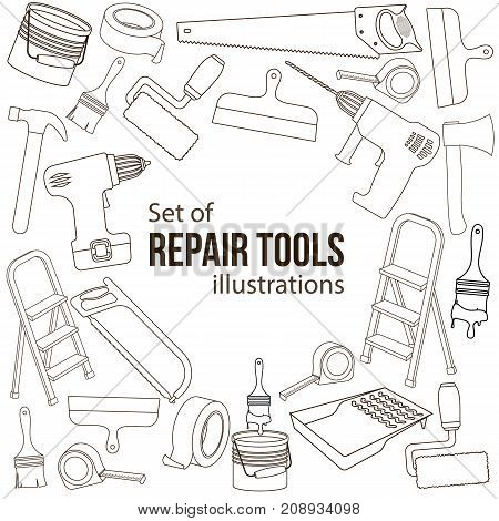 Set of building repair tools, line cartoon illustration of repair tools. Vector