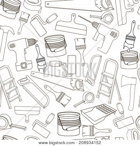 Seamless background of building repair tools, line cartoon illustration of repair tools. Vector