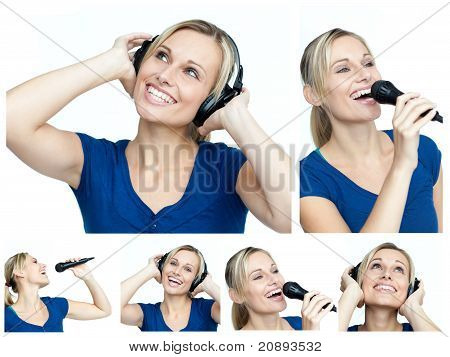 Kolaż młoda kobieta Listining do muzyki i śpiewu