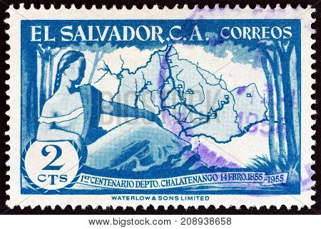 EL SALVADOR - CIRCA 1956: A stamp printed in El Salvador issued for the centenary of Chalatenango Province shows map, circa 1956.