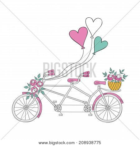 Tandem bicycle with air balloons and flowers, hand drawn vector illustration isolated on white background. Wedding bike.