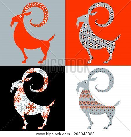Scandinavian traditional Christmas decoration: Set of 4 Yule Goats with different patterns. Julbock. Vector illustration