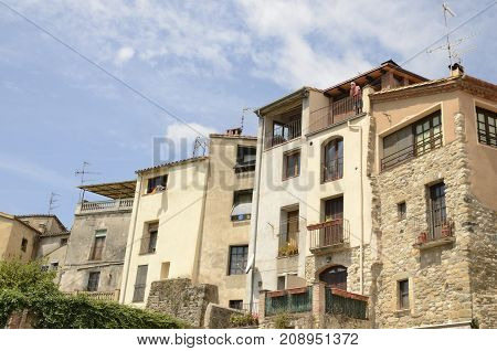 BESALU, SPAIN - JULY 26, 2017: Typical buildings of Besalu a medieval town of Girona Catalonia Spain.