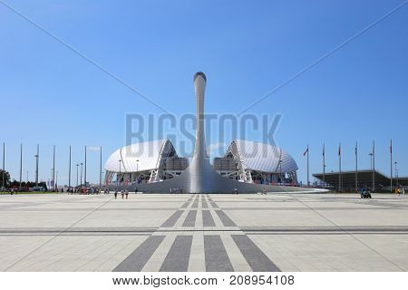 SOCHI, RUSSIA - JUL 09, 2017: Bowl of Olympic flame Firebird and singing Fountain in Olympic park. Symbol of Olympic Games of 2014 in Sochi