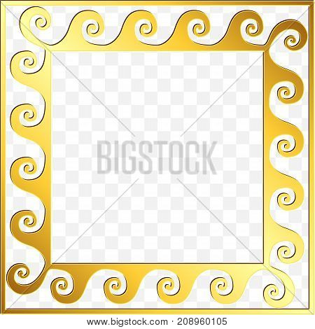 Square frame with traditional vintage Golden Greek ornament, Meander pattern on transparent background. Gold pattern for decorative tiles