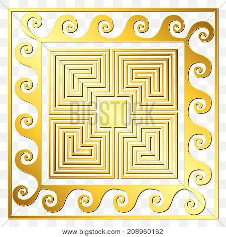 Traditional vintage Golden square Greek ornament, Meander and floral pattern on transparent background. Gold pattern for decorative tiles