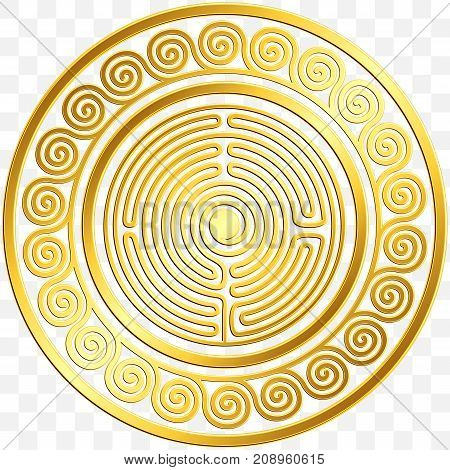 Traditional vintage Golden round Greek ornament, Meander and floral pattern on transparent background. Gold pattern for decorative tiles
