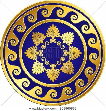 Traditional vintage Golden round Greek ornament, Meander and floral pattern on blue background . Gold pattern for decorative tiles, plates