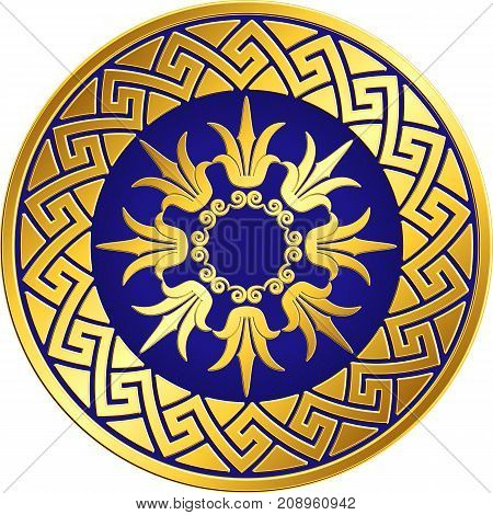 Traditional vintage Golden round Greek ornament, Meander and floral pattern on blue background . Gold pattern for decorative tiles, plates