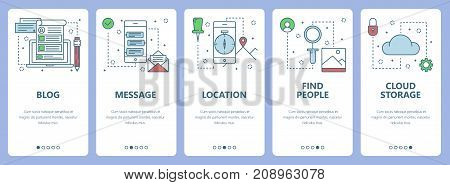 Vector set of social media concept vertical banners. Blog, Message, Location, Find people, Cloud storage web templates. Modern thin line flat symbols, icons for web, print.