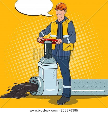 Pop Art Oilman Works with Oil Pipe. Petrochemical Worker. Vector illustration