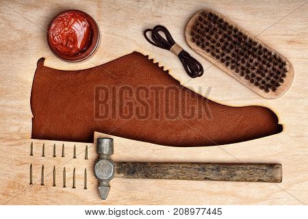 Silhoutte Of Leather Shoes Brogues In The Center With Shoe Maintenance Set And Reapir Set.top View.w