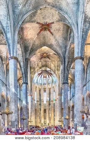 Interior Of Santa Maria Del Mar In Barcelona, Catalonia, Spain