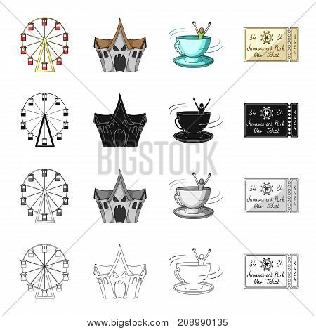 The Ferris wheel, a ticket for entertainment, a room of fear, an attraction of a spinning cup. Amusement park set collection icons in cartoon black monochrome outline style vector symbol stock isometric illustration .
