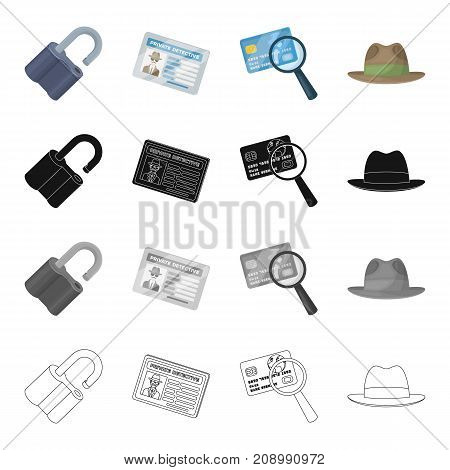 A broken lock, a detective's identification, a magnifying glass and a credit card, a hat. Detective Agent set collection icons in cartoon black monochrome outline style vector symbol stock isometric illustration .