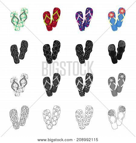 Multi-colored shoes, beach slippers. Different kinds of flip flops set collection icons in cartoon black monochrome outline style vector symbol stock illustration .