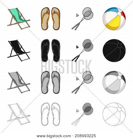 Chaise lounge, beach slippers, rest badminton, inflatable ball. Summer rest set collection icons in cartoon black monochrome outline style vector symbol stock isometric illustration .