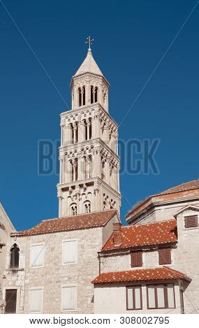 Marble Ancient Roman Architecture In City Center Of Town Split, View At Square Peristil In Front Of 