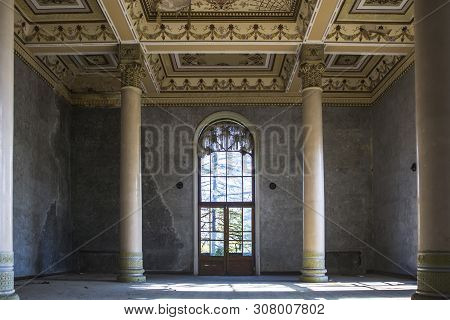 Tskaltubo, Georgia - April 27, 2019: Detail Of The Abandoned Soviet Sanatorium Meshakhte In Tskaltub