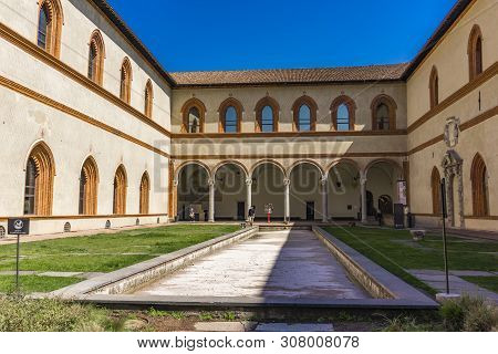 Milan, Italy - April 15, 2019: Unidentified People In Sforzesco Castle In Milan, Italy. Castle Was B