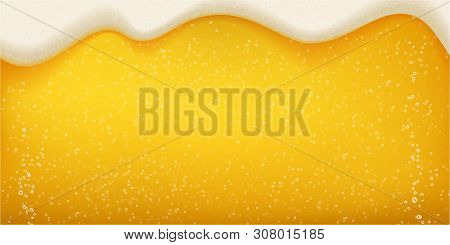 Beer Foam And Bubbles Background. Vector Realistic Craft Beer With Flowing Foam And Bubbles Texture
