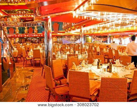 Kiel, Germany - June 1, 2009: Festively Set Tables In The Restaurant 